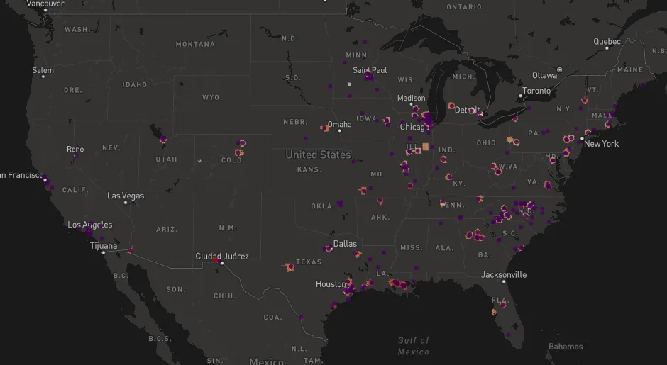 Screenshot of the Ethylene Oxide Explorer map